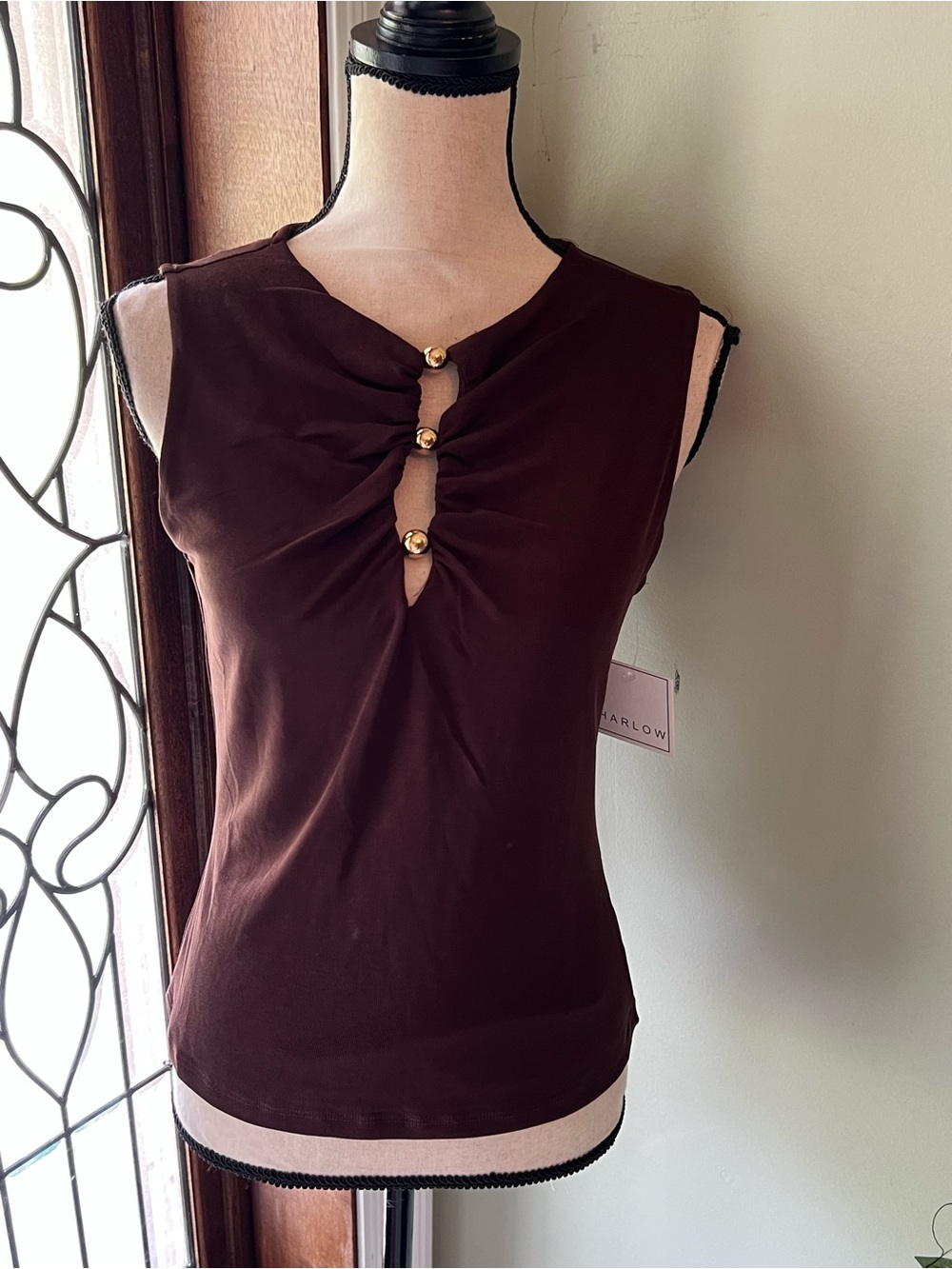 Sleeveless Brown Ruched Keyhole Top with Gold Buttons